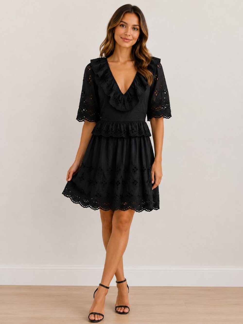 Antik Batik Anthropologie Ally Black Eyelet Embroidered Ruffle Fairy Dress - XS